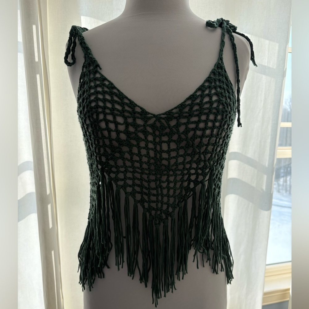 Anthropologie Dark Green Crochet Fringe Camisole